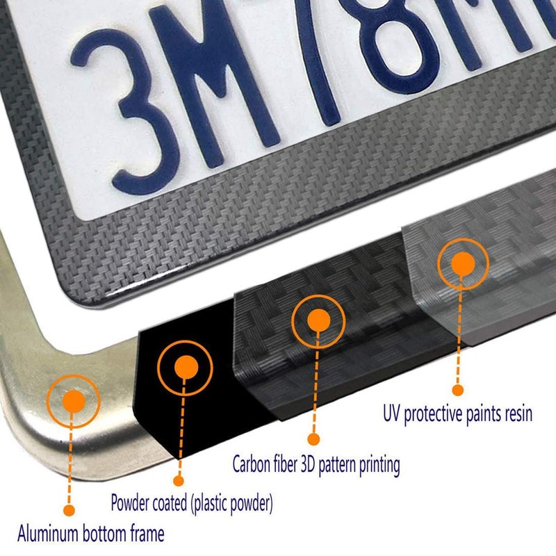 YoUoY Carbon Fiber License Plate Frame- Black Aluminum Auto Car Tag Cover, 2 Pack Heavy Duty Holder for US Front and Rear Plate, with Mounting Hardware Kit- Screws Bolts, Inserts, Caps, Rattle Proof Pads - Image 3